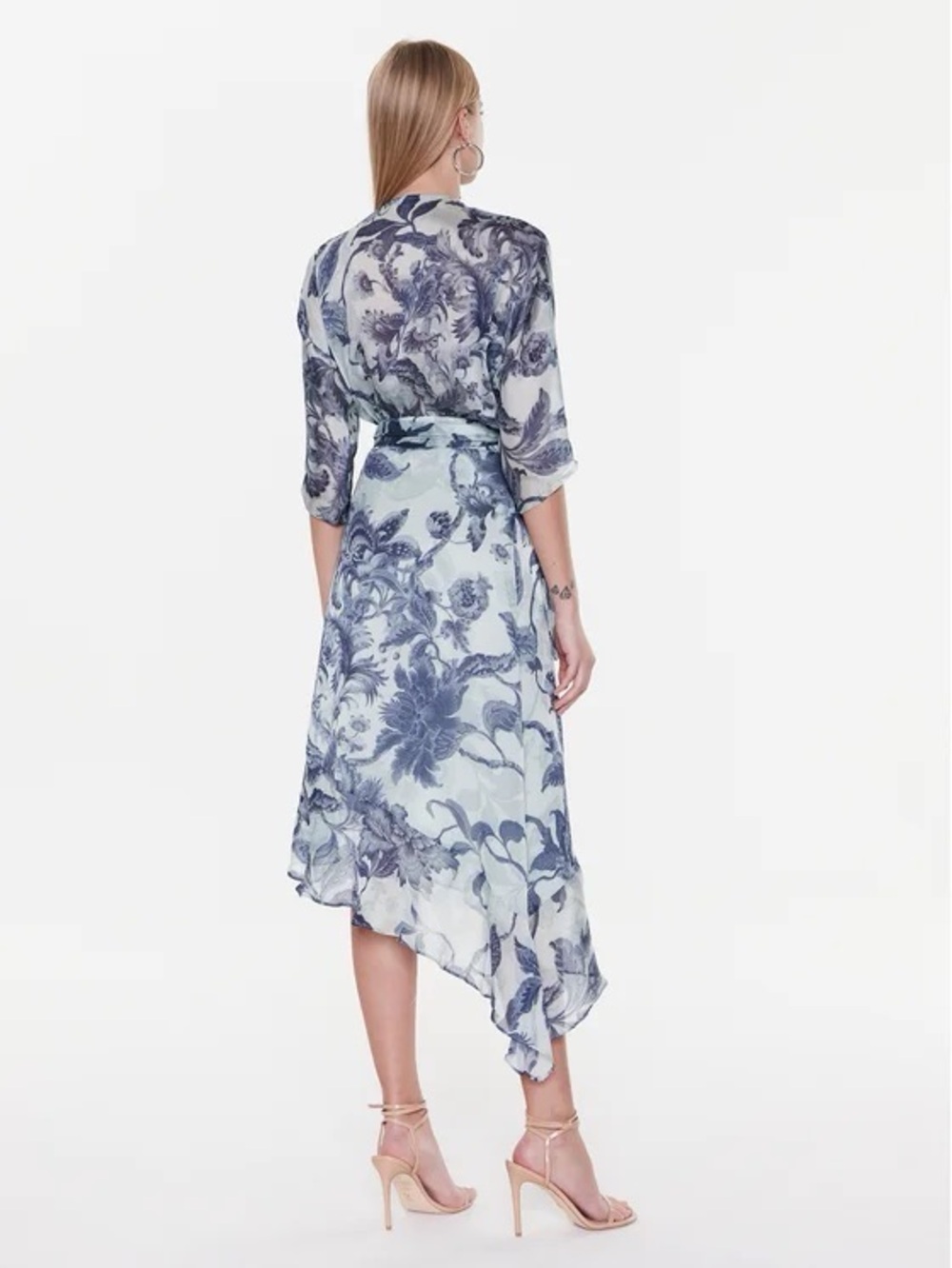 Guess Blue Floral A-line Warp Midi Dress Size Large - Picture 2 of 10